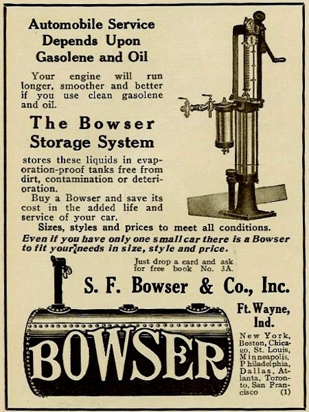 Vintage 1911 newspaper advertisement for Bowser automobile gasoline and oil pump storage system