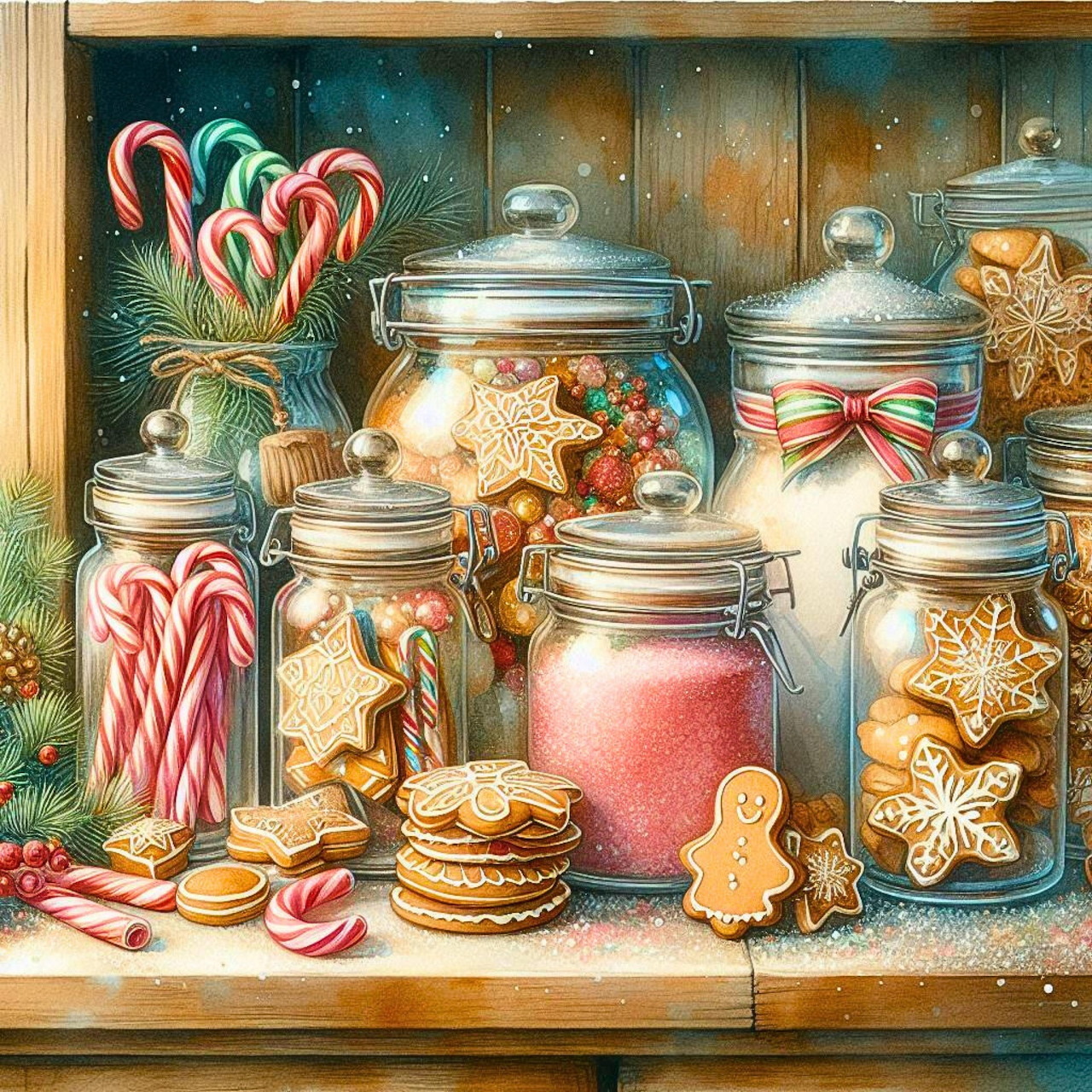 Glass jars filled with Christmas cookies, candy canes, and festive treats on a wooden shelf with holiday decorations