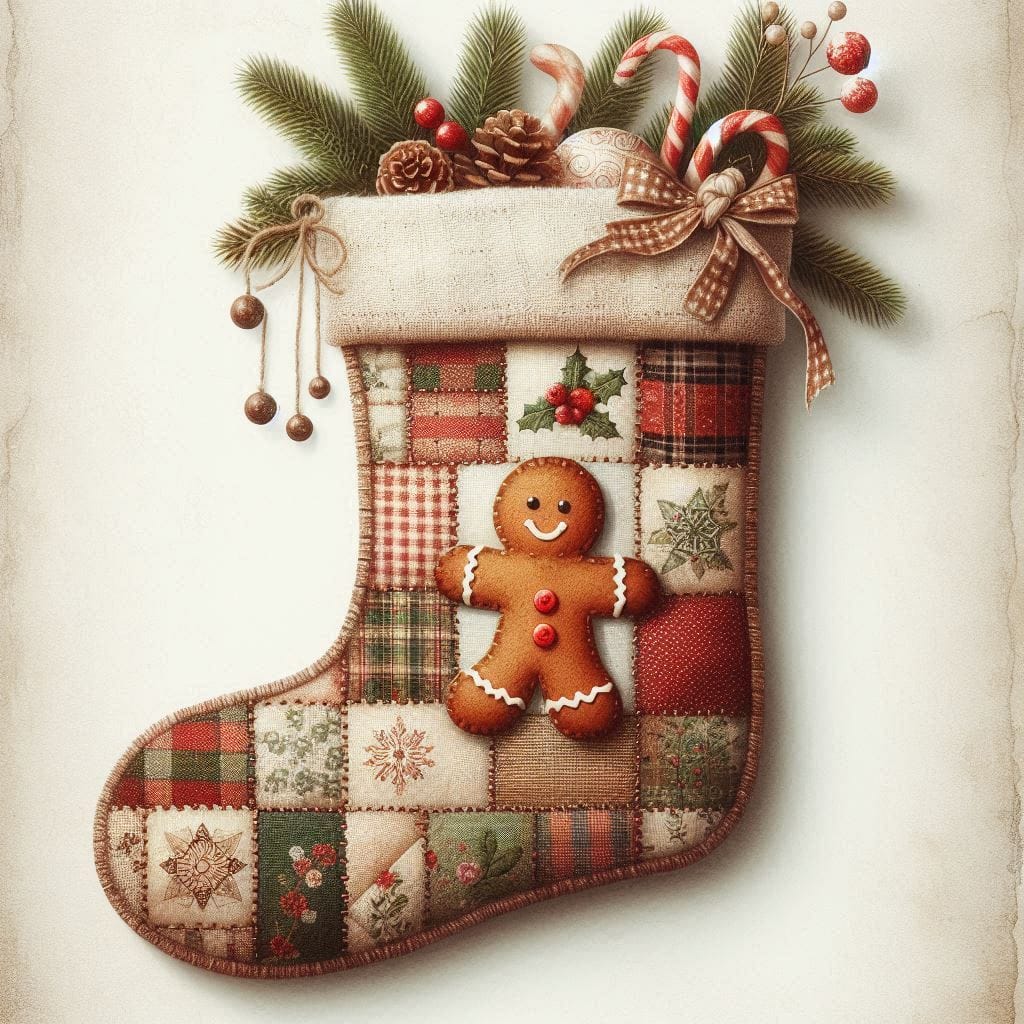 Patchwork Christmas stocking decorated with a gingerbread cookie, candy canes, holly, and pine sprigs