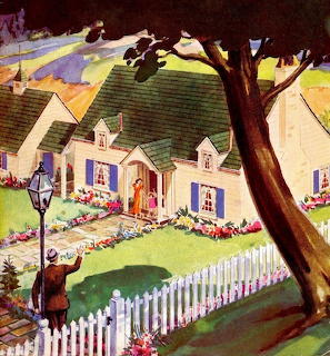 Vintage illustration of a white cottage with green roof, rainbow sky, picket fence, and gardens