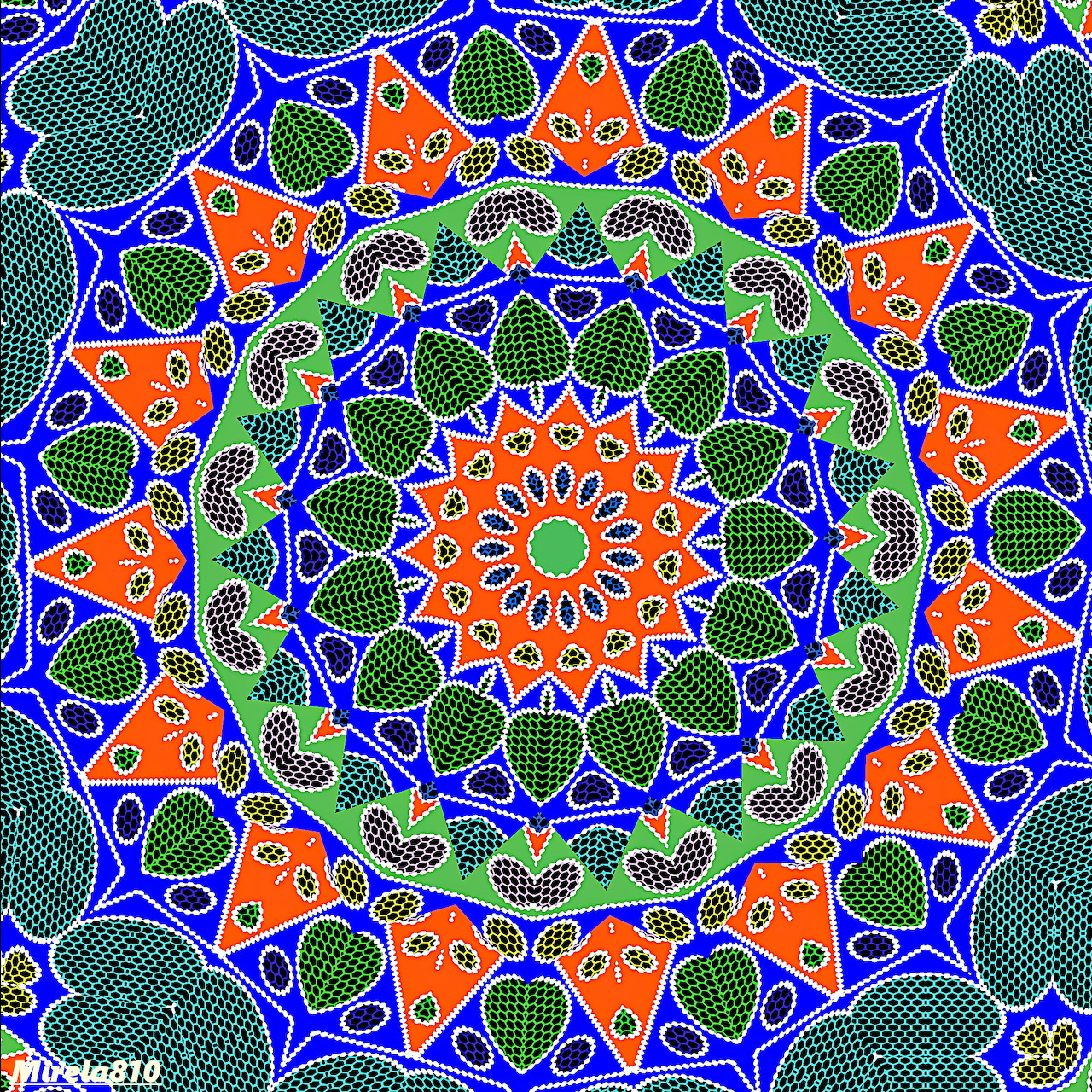 Colorful symmetrical mandala with orange star petals, green leaves, and blue background in intricate circular pattern