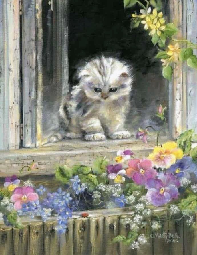 Painting of a fluffy kitten sitting on a rustic windowsill above colorful flowers