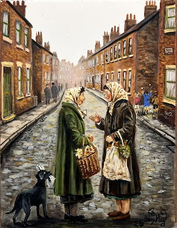 Painting of two women in headscarves chating on a cobbled street lined with brick terraced houses
