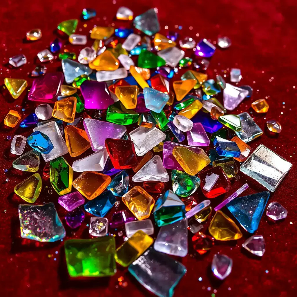 Colorful translucent glass shards and gemstones scattered on red background