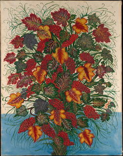 Folk art painting of a large bouquet with red and orange leaves, berries, and botanical details