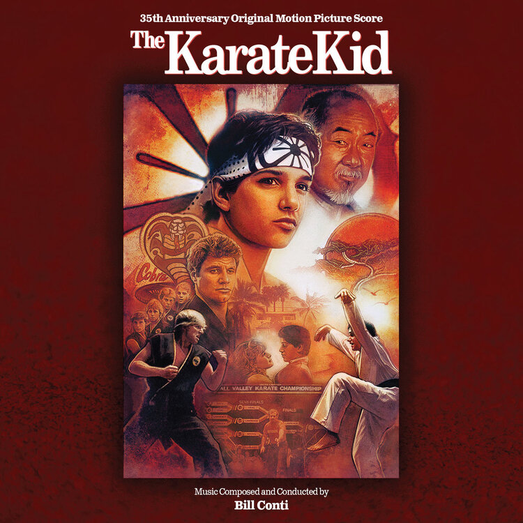 The Karate Kid 35th anniversary original motion picture score album cover with martial arts montage