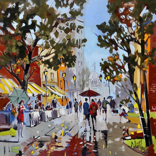 Colorful impressionist painting of Paris street with trees, pedestrians, and white basilica in distance