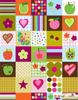 Colorful mosaic grid with apples, hearts, flowers, dots, stripes and geometric patterns in bright squares