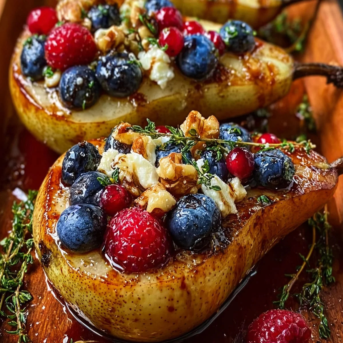 Two baked pear halves topped with berries, walnuts, blue cheese, and honey
