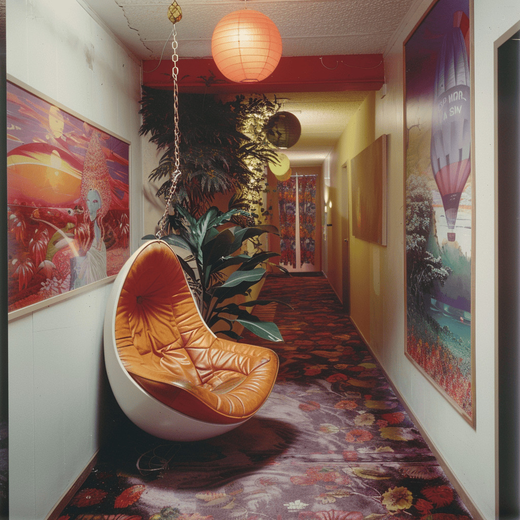 Vintage hallway with a hanging egg chair, patterned carpet, plants, and colorful wall art