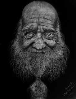 Detailed black and white drawing of an elderly man with a long beard, wrinkled face, and intense eyes