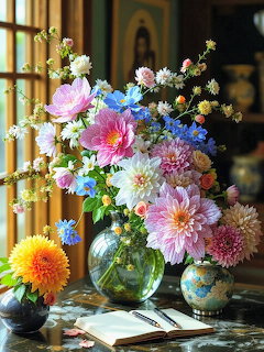 Vibrant mixed flower bouquet in glass vase near window with natural light
