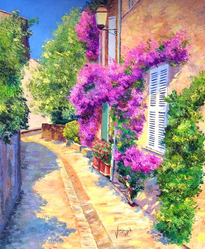 Watercolor painting of a sunlit Mediterranean street with pink flowers climbing ochre walls