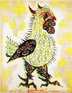 Decorative rooster with ornate yellow plumage and black wing patterns on yellow background with geometric elements