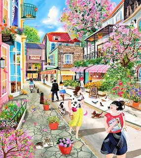 Colorful illustration of a spring village alley with cherry blossoms, shops, people, and animals