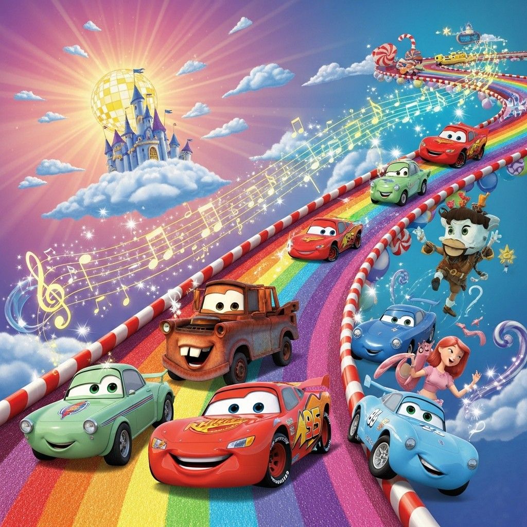 Disney Cars characters including Lightning McQueen and Mater on a rainbow road in a bright sky cartoon scene