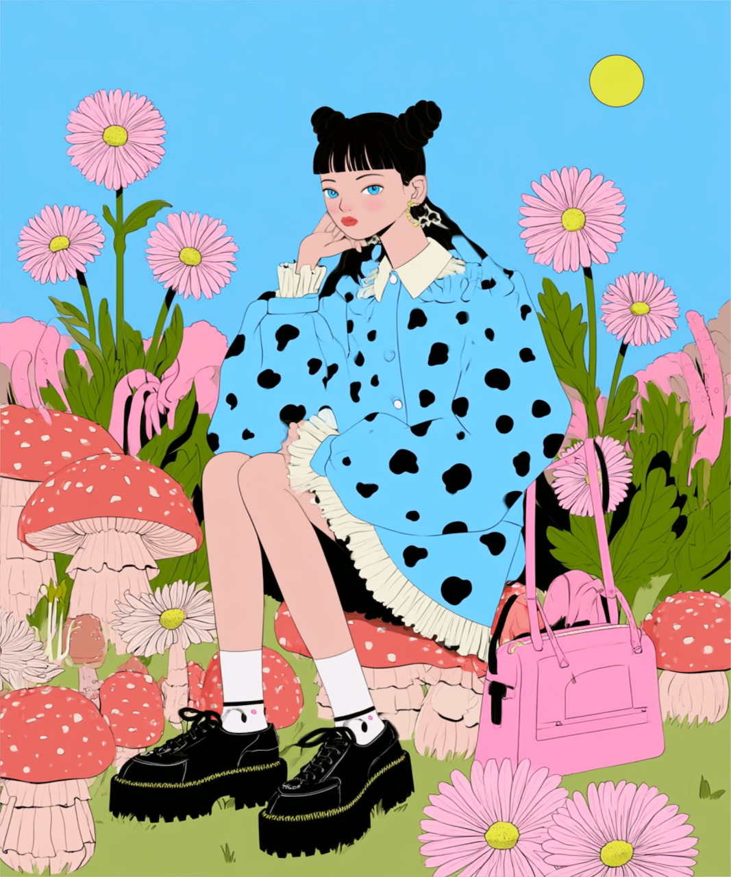 Illustrated girl in a blue polka dot dress sitting on a mushroom with pink flowers and a handbag