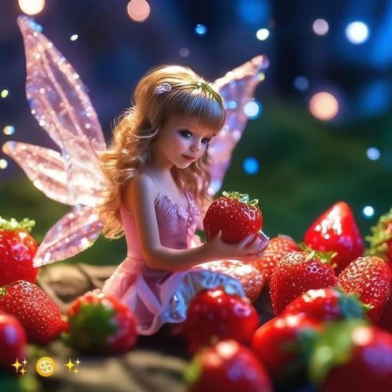 Fairy child with translucent wings holding a large strawberry among oversized fruit in a magical glowing setting