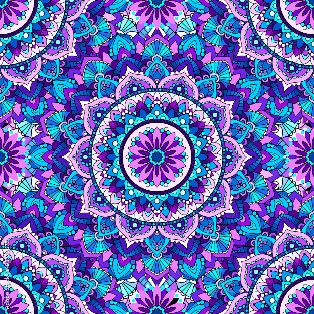 Ornate mandala with purple and turquoise geometric patterns in radial symmetry