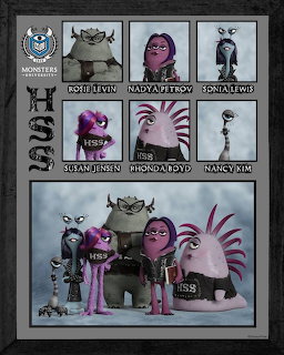 Framed poster showing Monsters University HSS sorority members with individual and group photos