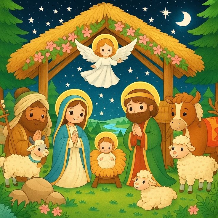Cartoon nativity scene with holy family, angel, animals and stars