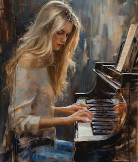 Painting of a blonde young woman playing a grand piano, looking down at the keys