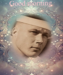 Sepia-toned portrait of a young sailor in a white cap inside an ornate decorative frame with pastel colors