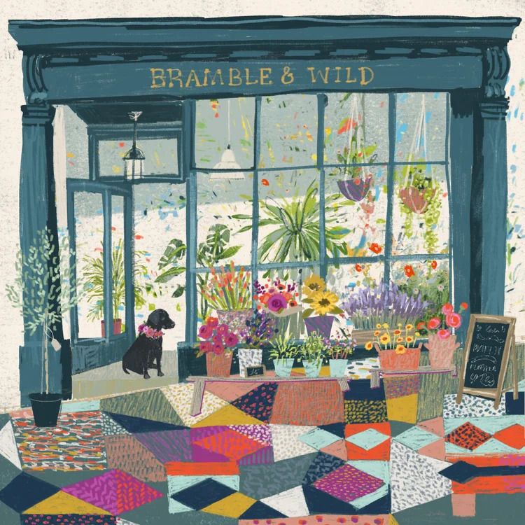 Illustrated flower shop with teal facade, large windows displaying plants, colorful patchwork pavement