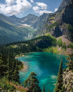 Turquoise alpine lake nestled between steep mountain cliffs with green pine forests