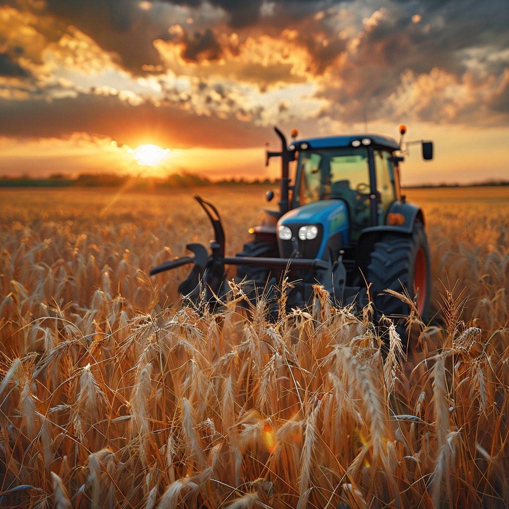 Blue tractor in golden wheat field during dramatic sunset with orange clouds