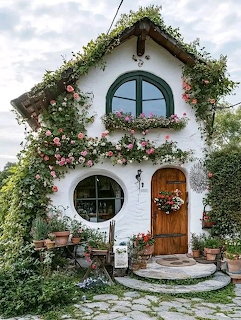 White cottage with arched windows and door, adorned with climbing flowers and vines