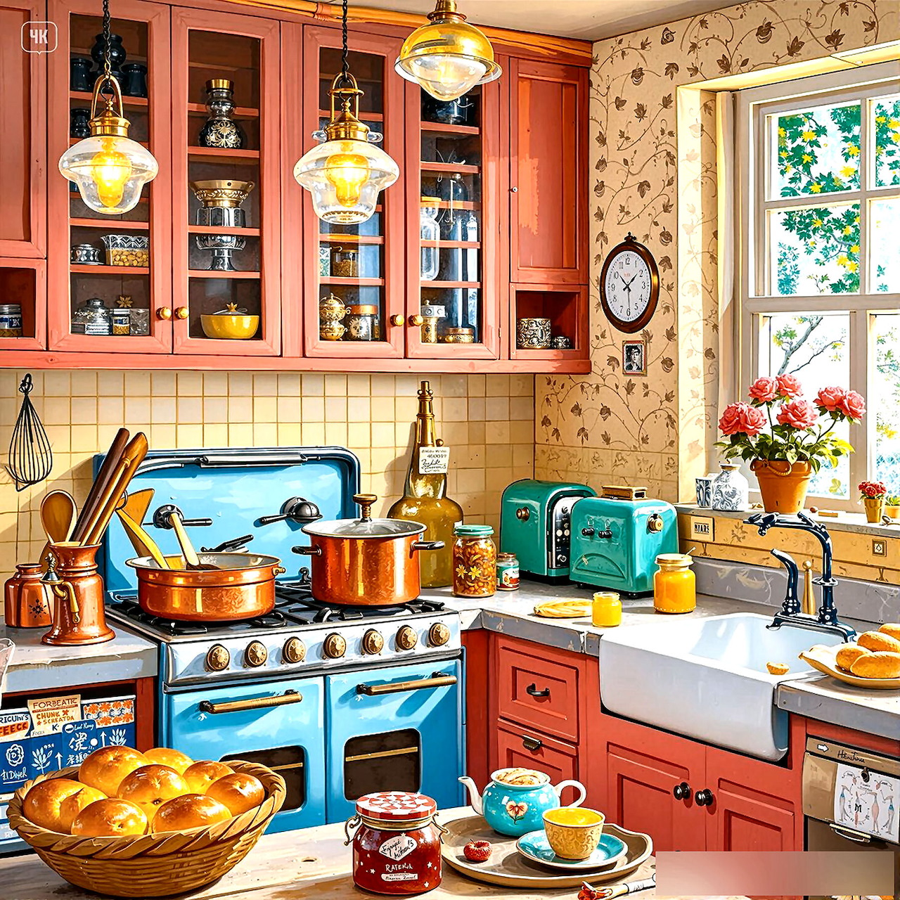 Bright vintage kitchen with turquoise appliances, copper cookware, and floral wallpaper