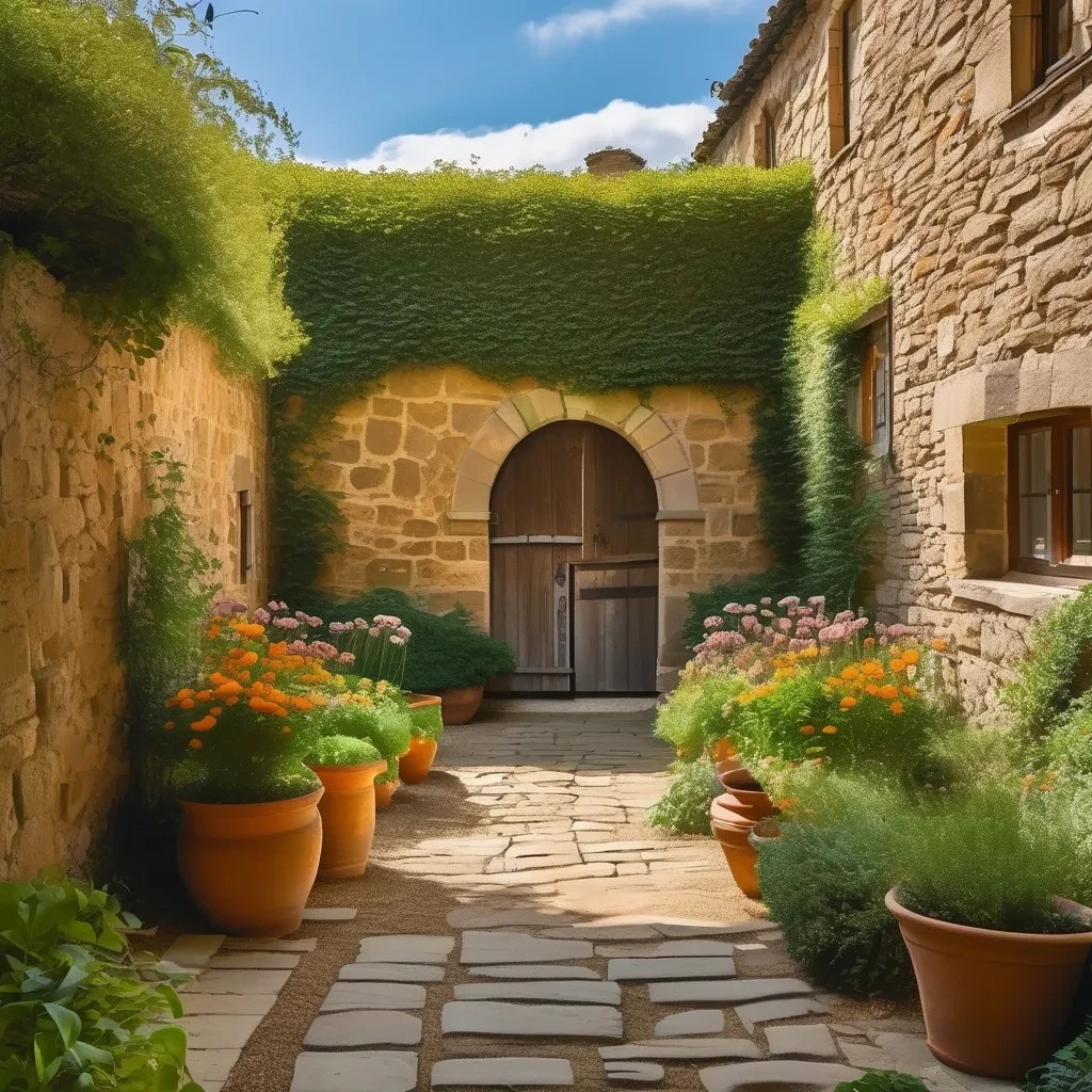 Sunlit stone courtyard with potted flowers, ivy-covered walls, and a wooden door