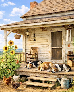 Three hound dogs sleeping on a wooden farmhouse porch with sunflowers and chickens nearby