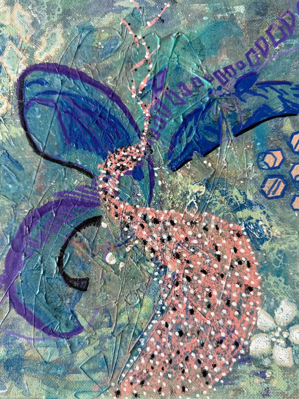 Textured abstract painting with blue curved shapes and a pink dotted form on a teal background