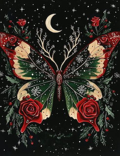 Symmetrical butterfly with holly leaves, red roses, and crescent moon on black starry background
