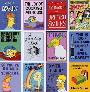 Twelve parody book covers arranged in a grid featuring Simpsons characters with humorous titles