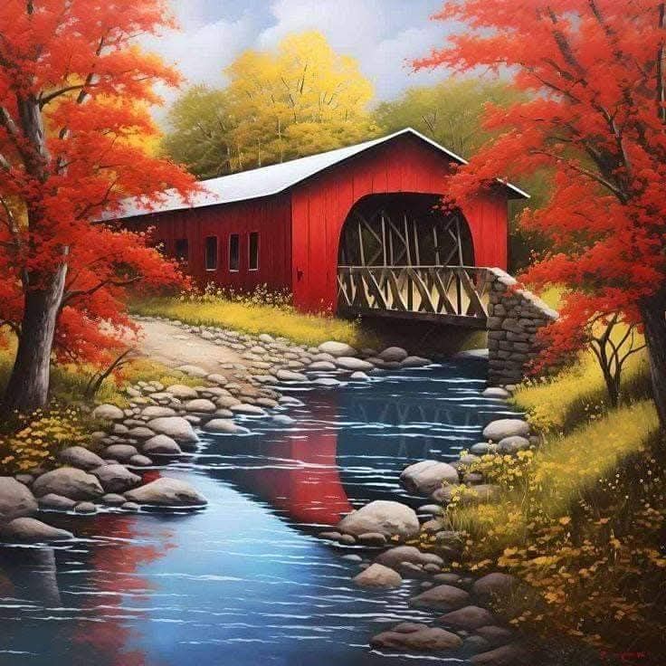 Painting of a red covered bridge over a stream with bright autumn trees