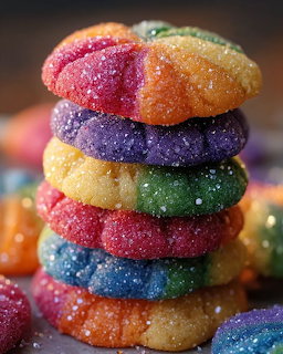 Stacked rainbow colored cookies covered in sparkling sugar crystals