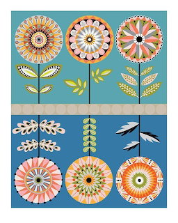 Folk art illustration of decorative flowers and birds in a grid pattern with vibrant colors