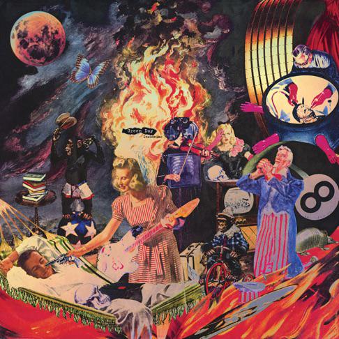 Surreal album cover art showing a sleeping man, flames, musicians, moon, and distorted figures