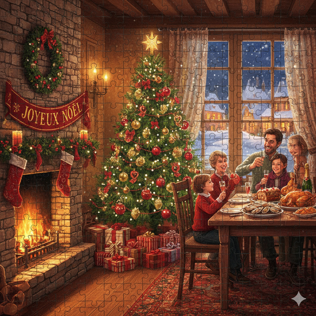 Family enjoying Christmas dinner by decorated tree and fireplace in cozy rustic room with snowy window view