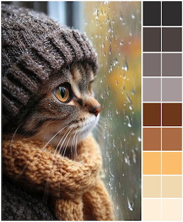 Tabby cat in gray knit hat and tan scarf by rainy window with color palette