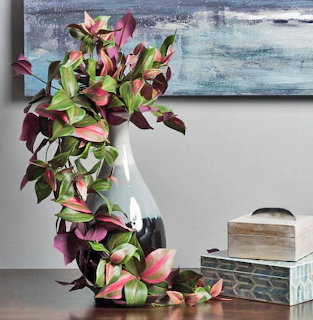 Vase with green vine and leaves on floral background