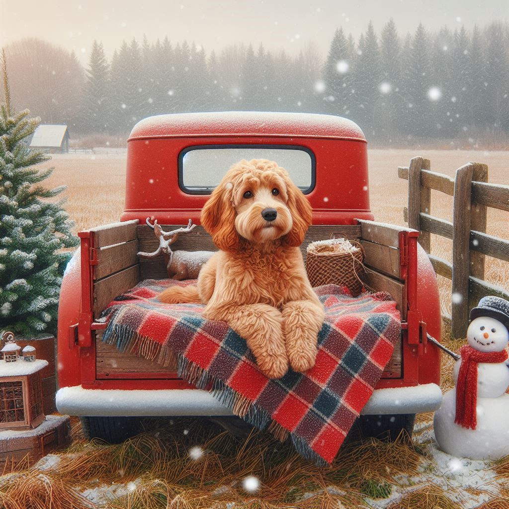 Golden doodle dog sitting on plaid blanket in back of red vintage truck in snowy winter scene