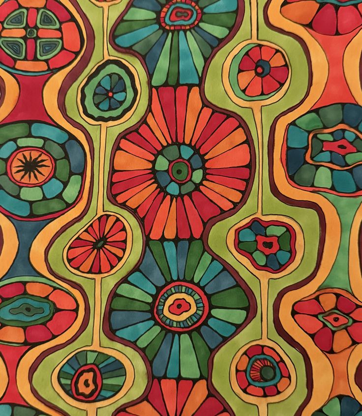 Colorful abstract pattern of floral circles and organic shapes in red, green, blue, and yellow