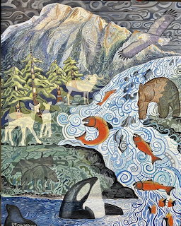 Decorative illustration of Alaskan wildlife including bears, wolves, salmon and caribou amid mountains and flowing river
