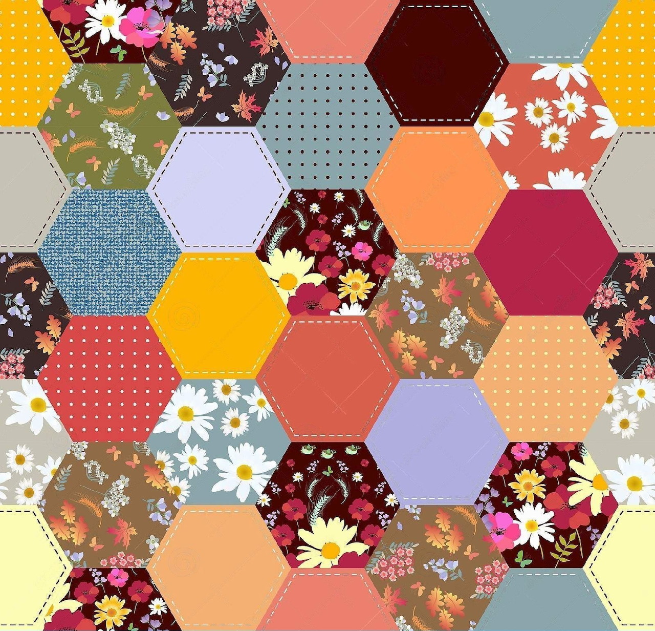 Hexagonal patchwork quilt with floral prints, polka dots, and solid fabrics in yellow, coral, burgundy, and pastels