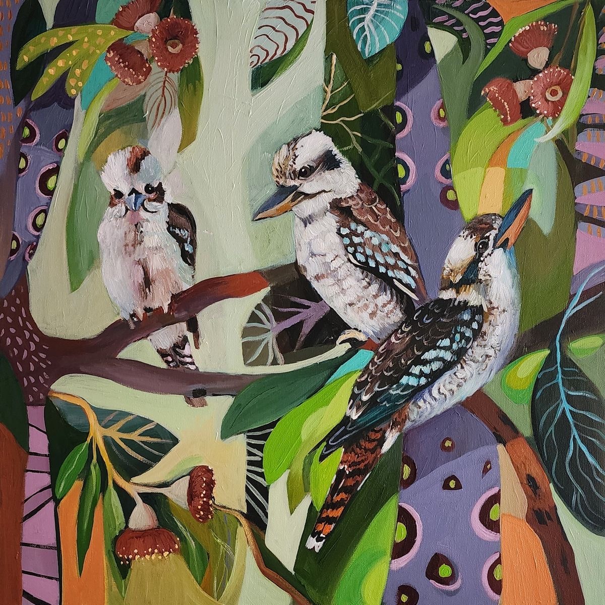 Painting of three birds perched on branches among tropical leaves and flowers