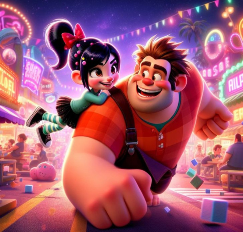Ralph carrying Vanellope in a colorful neon arcade scene